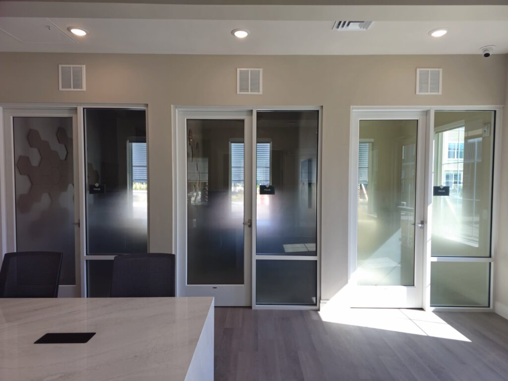 Glass entrance after window film installation